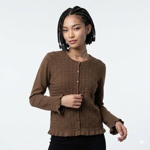 Jenny Long Sleeve Basketweave Scallop Cardigan Casual Business Sweater SZ M